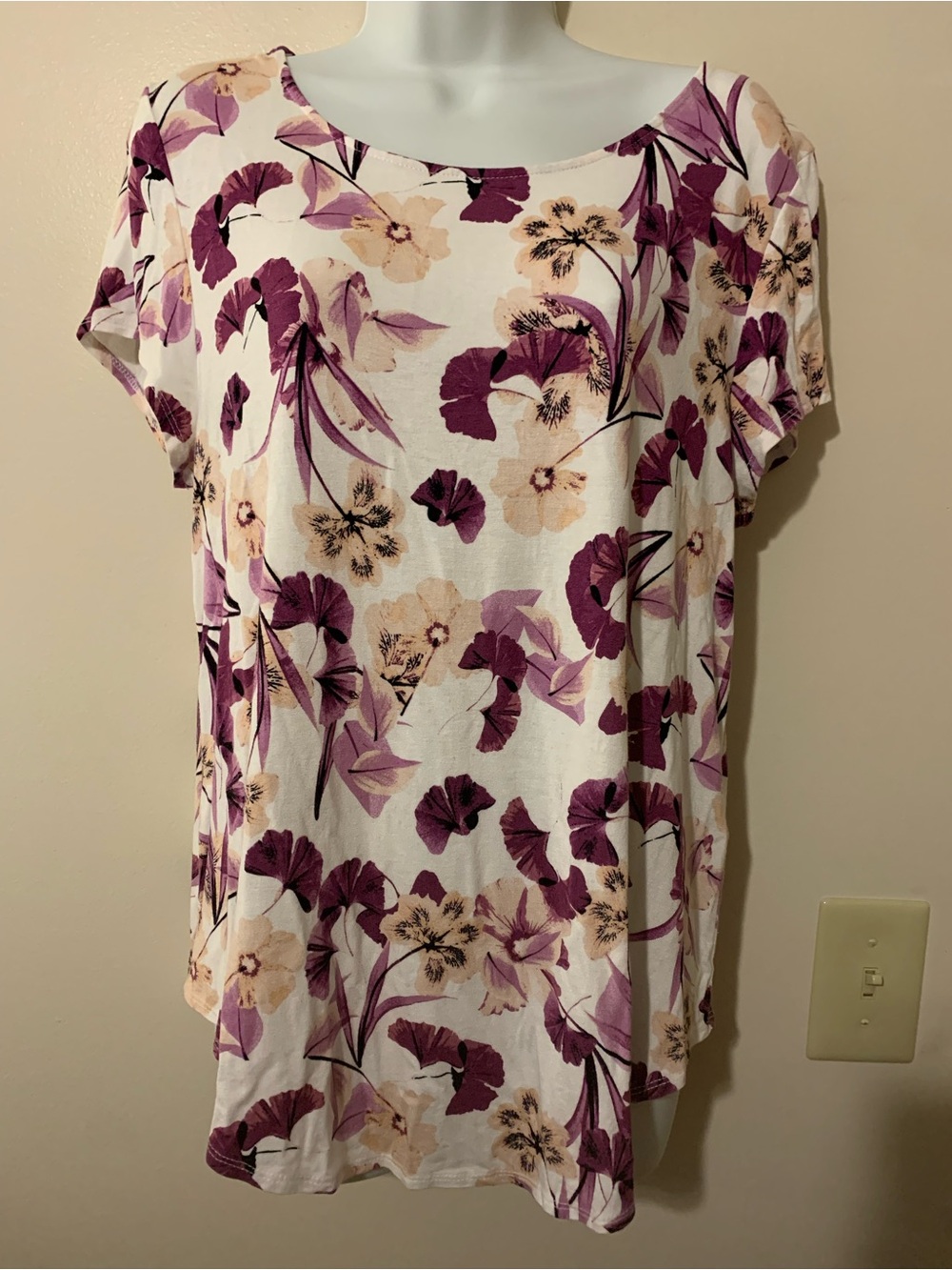 Alfani Cream Floral Scoop Neck Blouse with Purple and Tan Blooms